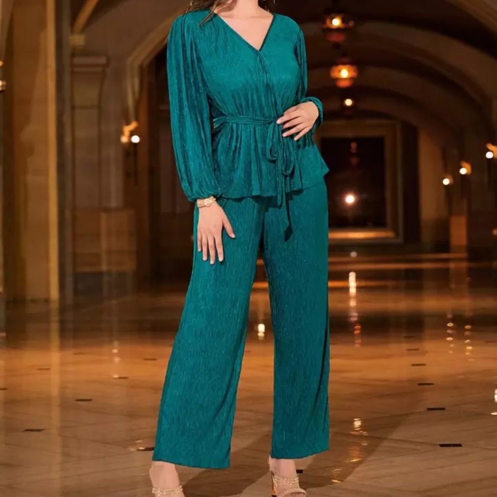 Teal Lantern Sleeve Overlap Collar Belted Top & Pants